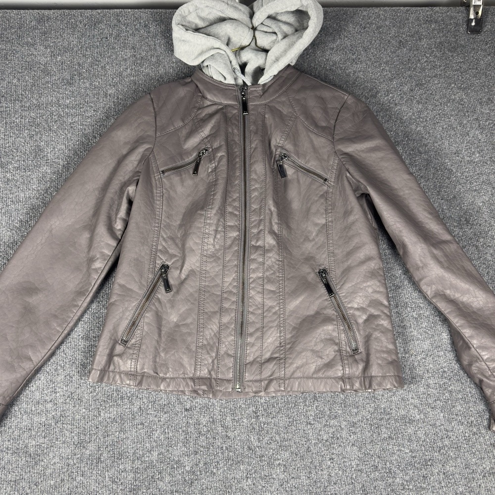 J2 Moto Jacket Men's Large Gray Faux Leather Lined Removable Hood‎ Zippers